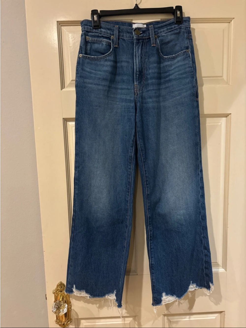 Frame Denim Women's Wide-Leg Jeans in Blue with Frayed Hem